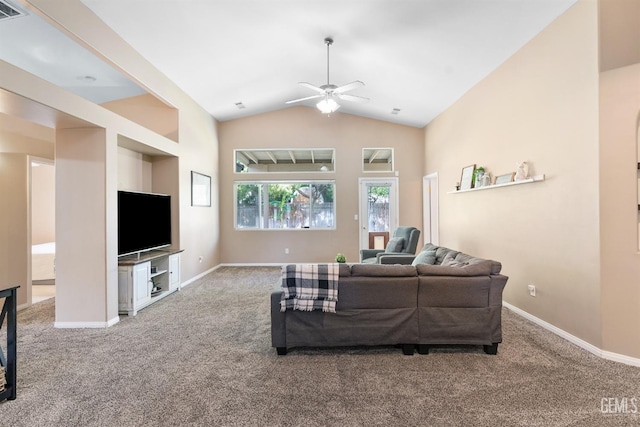 living room with high vaulted ceiling, ceiling fan, baseboards, and carpet