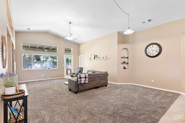 living room featuring carpet, visible vents, baseboards, ceiling fan, and vaulted ceiling