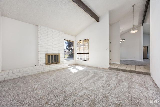 unfurnished living room featuring a textured ceiling, a brick fireplace, high vaulted ceiling, beam ceiling, and carpet flooring