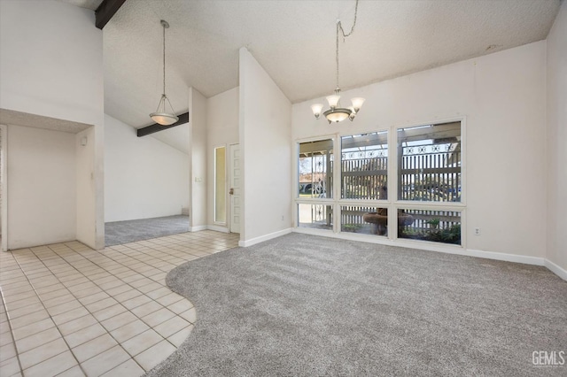 unfurnished living room with high vaulted ceiling, an inviting chandelier, light tile patterned flooring, and beamed ceiling