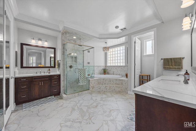 2120 Wedgemont Pl, Bakersfield, CA 93311 - bathroom with vanity, a garden tub, a stall shower, crown molding, and marble finish floors