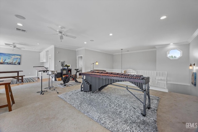 2120 Wedgemont Pl, Bakersfield, CA 93311 - playroom with light colored carpet, ornamental molding, recessed lighting, and ceiling fan