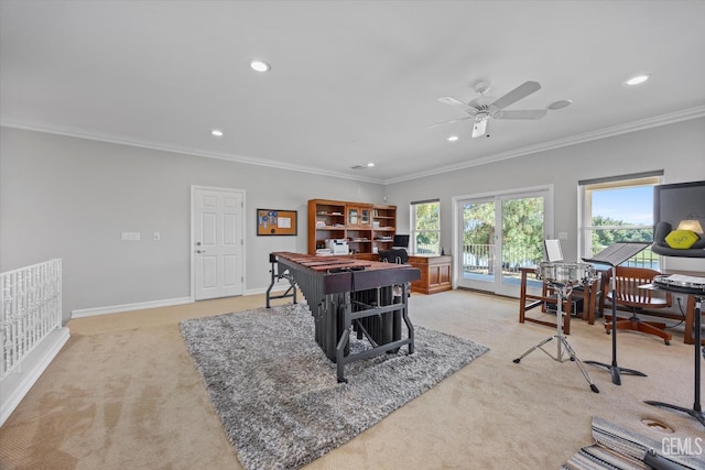 2120 Wedgemont Pl, Bakersfield, CA 93311 - playroom with light carpet, recessed lighting, crown molding, ceiling fan, and an office area