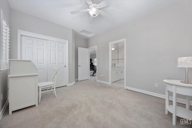 2120 Wedgemont Pl, Bakersfield, CA 93311 - bedroom featuring light colored carpet, a closet, ceiling fan, and ensuite bathroom
