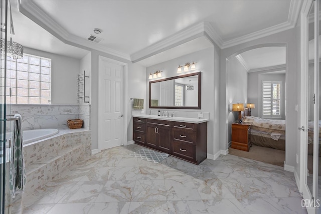 2120 Wedgemont Pl, Bakersfield, CA 93311 - full bath featuring ensuite bathroom, vanity, a garden tub, marble finish flooring, and crown molding