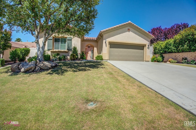 6100 Lassen Ridge Rd, Bakersfield, CA 93306 - mediterranean / spanish-style house with driveway, stucco siding, a tile roof, a garage, and a front lawn