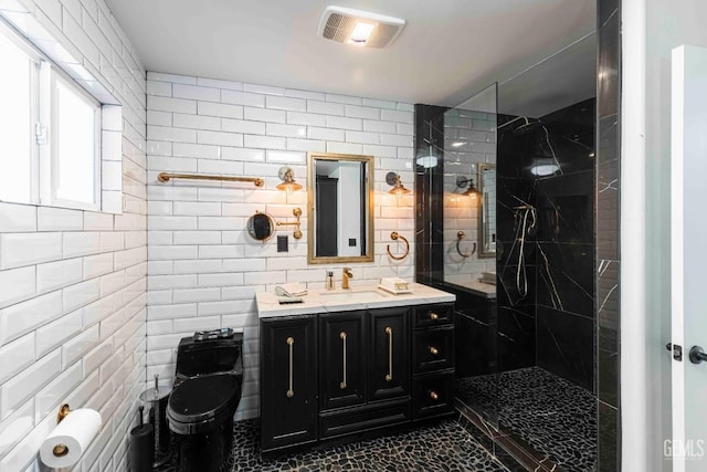 854 Vineland Rd, Bakersfield, CA 93306 - bathroom featuring tile walls, vanity, and a stall shower