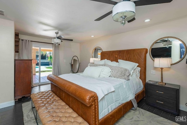 854 Vineland Rd, Bakersfield, CA 93306 - bedroom featuring access to exterior, a ceiling fan, recessed lighting, and dark wood finished floors