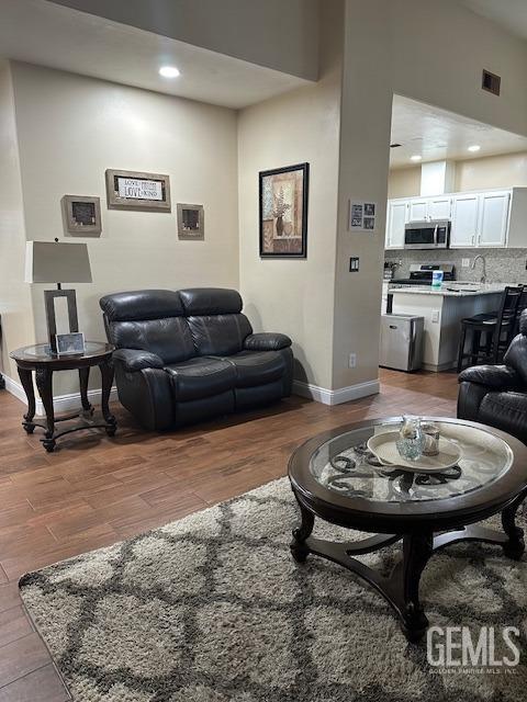 living room with sink and wood-type flooring