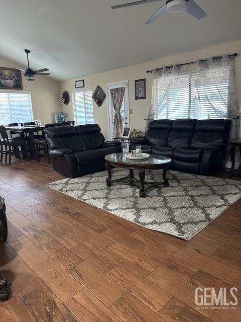 living room with ceiling fan and hardwood / wood-style floors