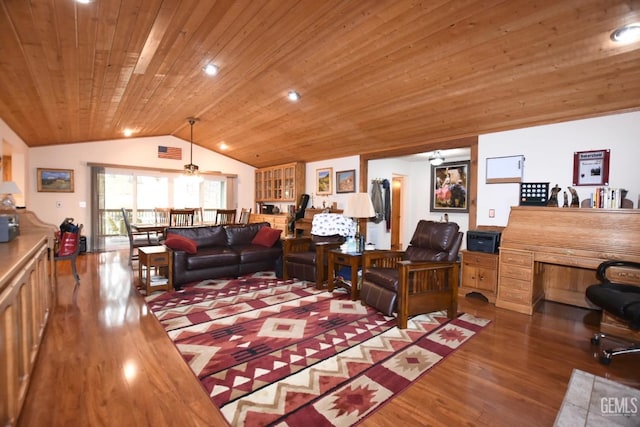 living room featuring hardwood / wood-style floors, vaulted ceiling, and wood ceiling