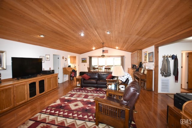 living room featuring hardwood / wood-style floors, lofted ceiling, and wooden ceiling