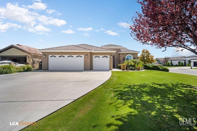 9311 Caliente Creek Ct, Bakersfield, CA 93311 - view of front of home with concrete driveway, stucco siding, an attached garage, a tiled roof, and stone siding