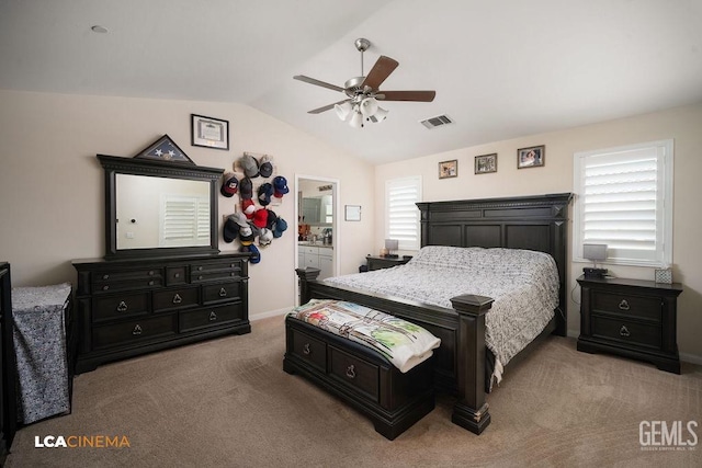 9311 Caliente Creek Ct, Bakersfield, CA 93311 - bedroom featuring light carpet, lofted ceiling, and ceiling fan