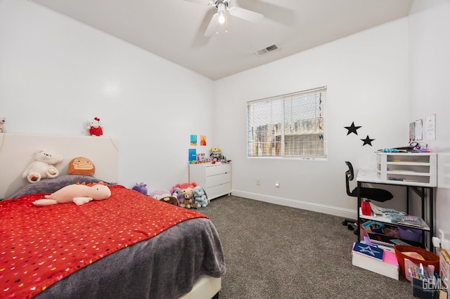 bedroom with baseboards, visible vents, dark carpet, and a ceiling fan