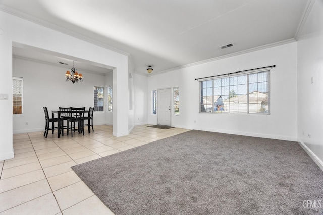 living room featuring light tile patterned floors, a chandelier, light carpet, visible vents, and ornamental molding