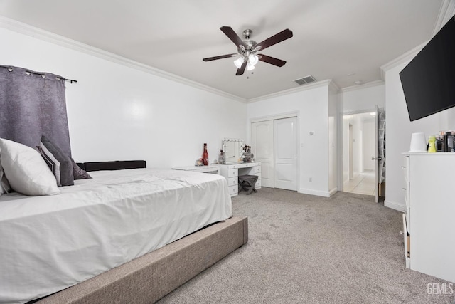 bedroom with light carpet, ornamental molding, and visible vents