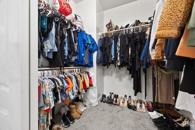 walk in closet featuring carpet flooring