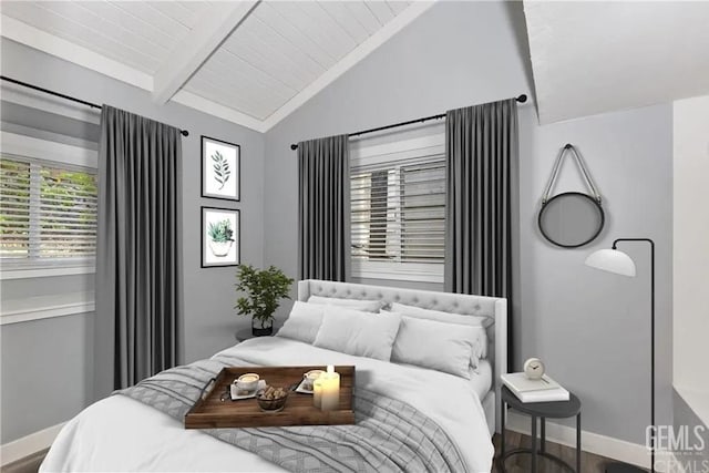 bedroom with wood ceiling, lofted ceiling with beams, and wood-type flooring