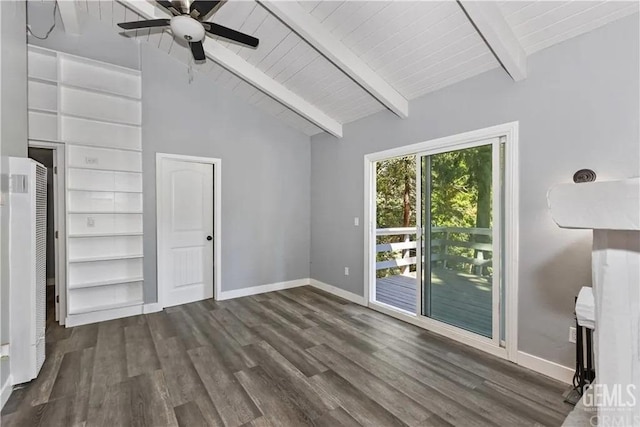 interior space with wooden ceiling, high vaulted ceiling, ceiling fan, beam ceiling, and dark hardwood / wood-style flooring