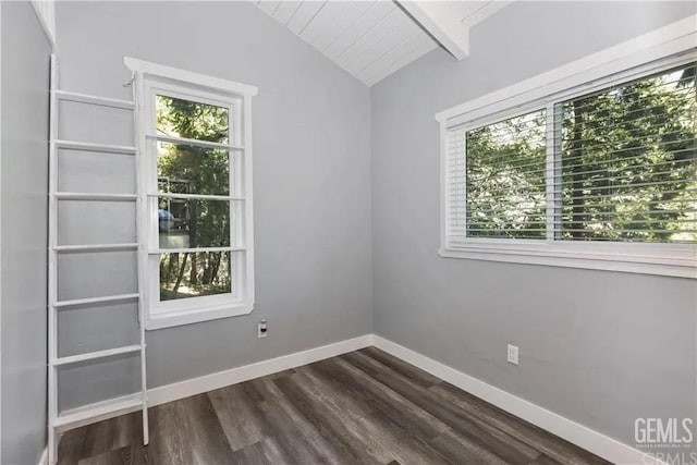 spare room featuring lofted ceiling with beams, dark hardwood / wood-style floors, and wooden ceiling