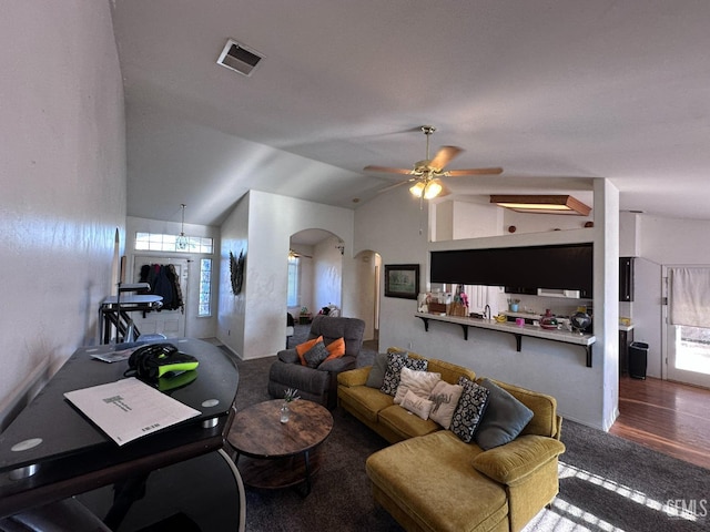 325 Terriwood Ave, Bakersfield, CA 93308 - living room featuring vaulted ceiling and ceiling fan