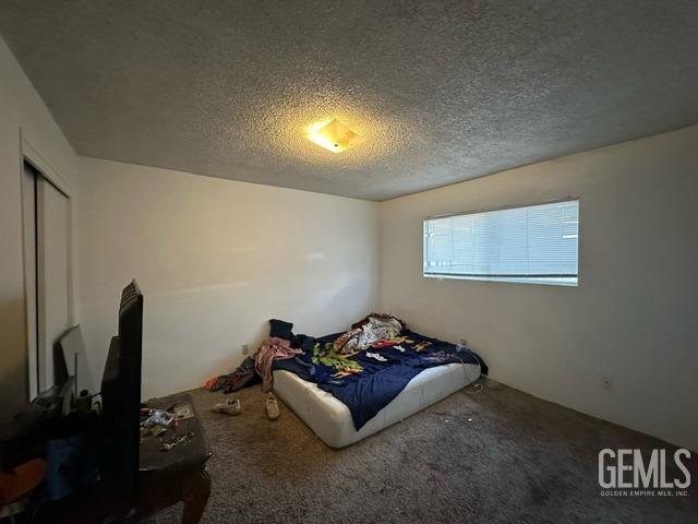 carpeted bedroom with a textured ceiling