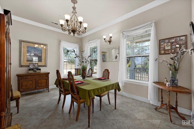 dining space featuring a notable chandelier, light tile patterned floors, crown molding, and a wealth of natural light