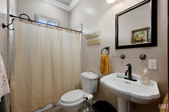 bathroom with toilet, ornamental molding, and sink