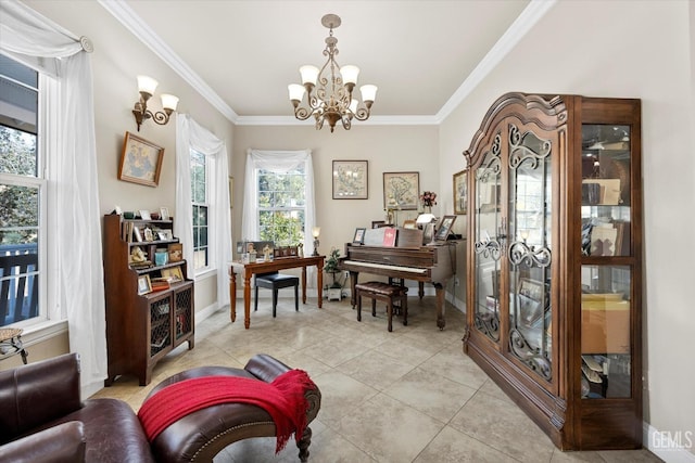 living area featuring a chandelier, light tile patterned floors, and crown molding