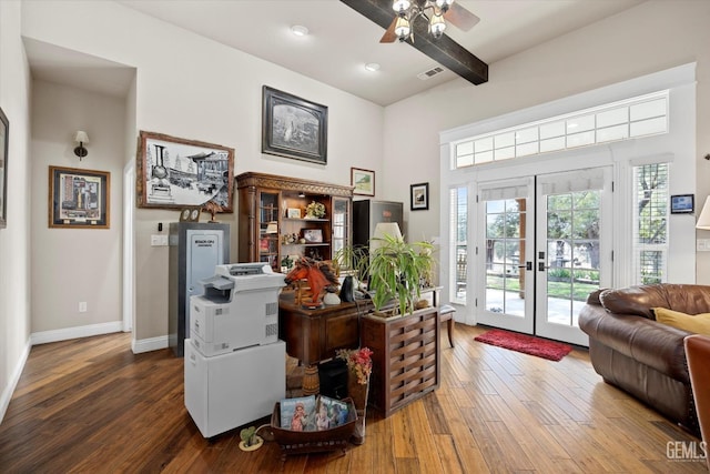 office area featuring ceiling fan, beam ceiling, dark hardwood / wood-style flooring, and french doors