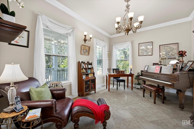 living area featuring a chandelier, light tile patterned floors, and crown molding