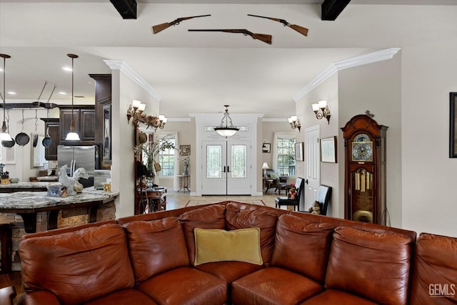 tiled living room featuring beamed ceiling, french doors, and crown molding