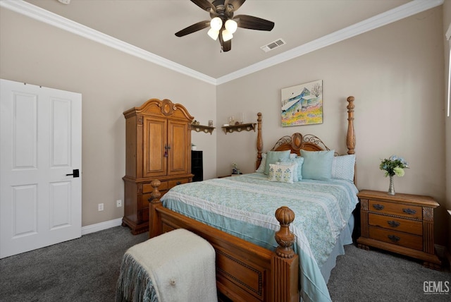 carpeted bedroom with ceiling fan and crown molding