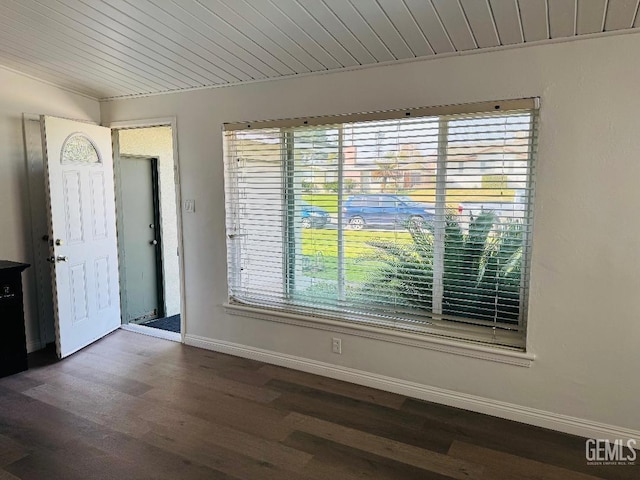 entryway featuring wood ceiling, dark wood-style flooring, and baseboards