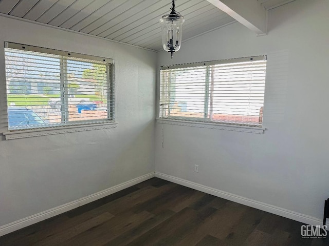 empty room featuring vaulted ceiling with beams, dark wood-style flooring, and baseboards