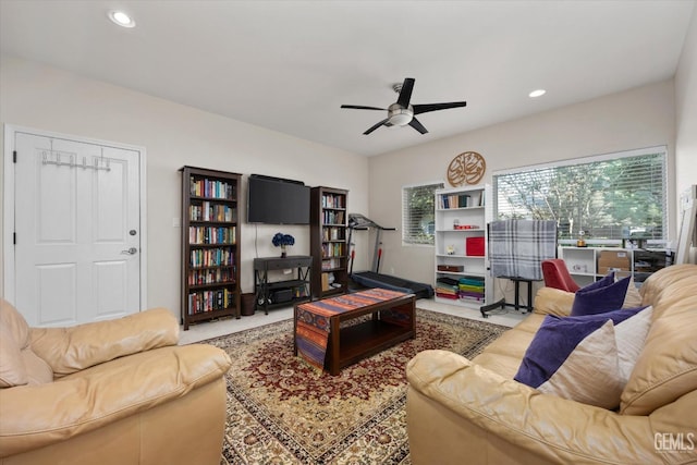 living room featuring ceiling fan