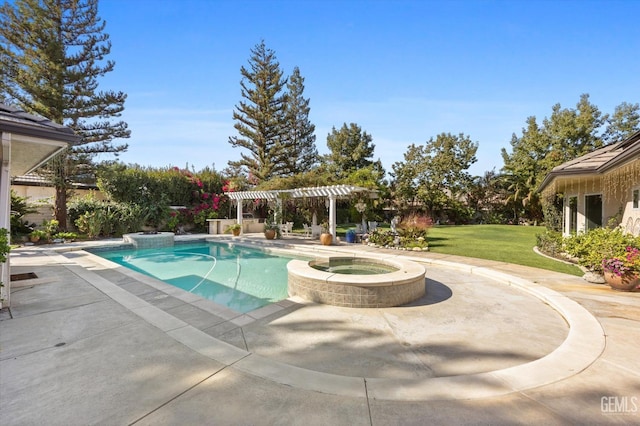 view of swimming pool featuring an in ground hot tub and a lawn