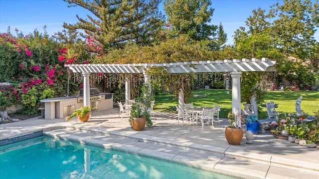 view of swimming pool featuring a pergola, area for grilling, a patio area, and a grill