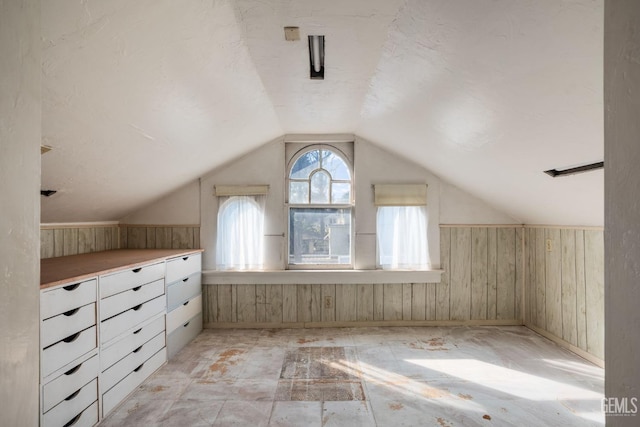 additional living space with wooden walls and vaulted ceiling