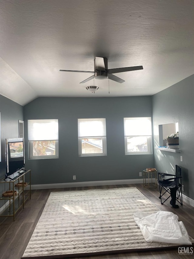 interior space with dark wood-style floors, lofted ceiling, ceiling fan, a textured ceiling, and baseboards