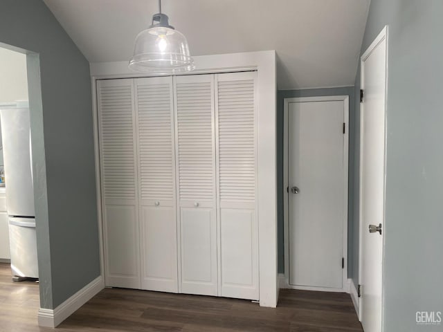 interior space with baseboards, lofted ceiling, dark wood-style flooring, freestanding refrigerator, and a closet