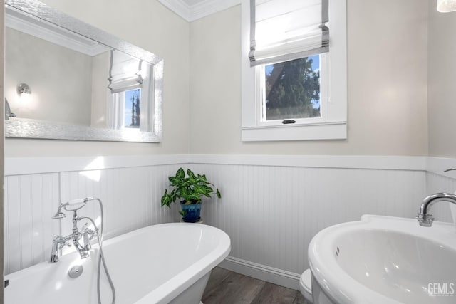 full bathroom with ornamental molding, a wainscoted wall, a sink, and wood finished floors