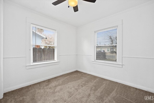 carpeted empty room with ceiling fan and crown molding