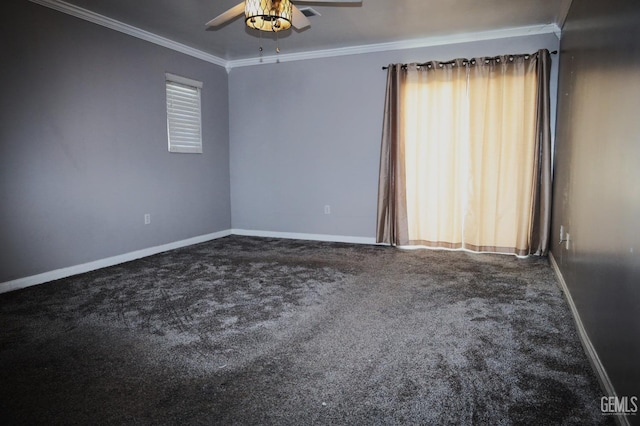 spare room with crown molding, ceiling fan, and carpet