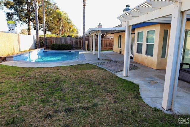 view of pool featuring a pergola, a lawn, and a patio