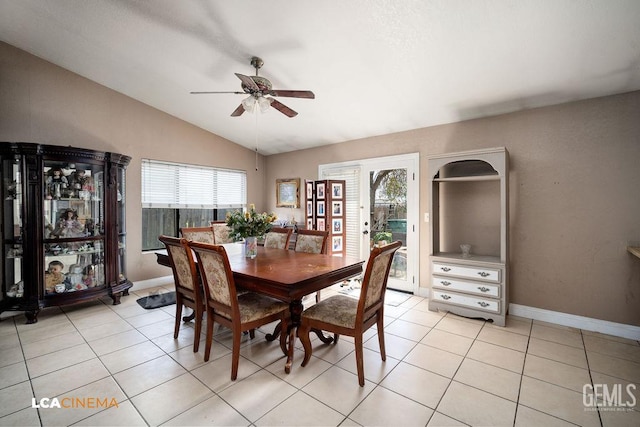 11705 Cactus Dr, Bakersfield, CA 93312 - dining area featuring lofted ceiling, ceiling fan, light tile patterned floors, and baseboards