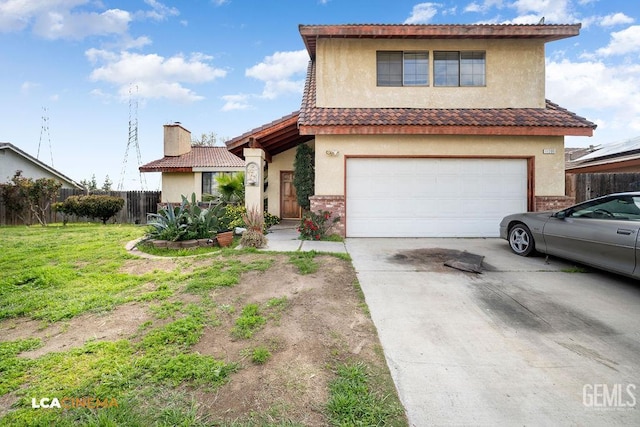 11705 Cactus Dr, Bakersfield, CA 93312 - view of front of property with an attached garage, concrete driveway, stucco siding, and a chimney