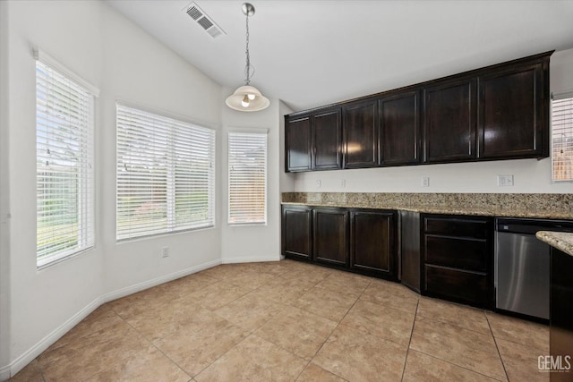 kitchen with stainless steel dishwasher, visible vents, baseboards, light stone counters, and hanging light fixtures