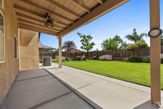 view of patio with a fenced backyard, ceiling fan, and central AC